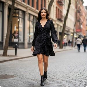 Dynamite Black Faux Wrap Dress with Bishop Sleeves